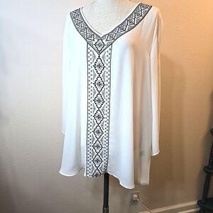 Avenue Plus Size 18 / 20 Sheer White Tunic Top Black Embroidery Rhinestones